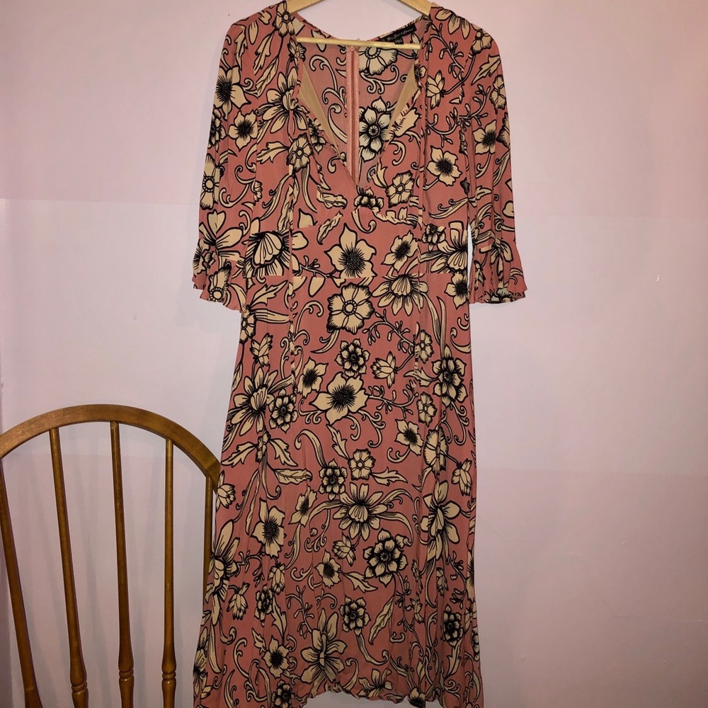 FLL pink floral midi dress with ruffles